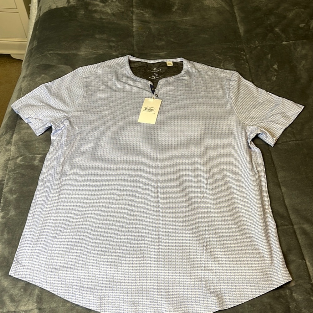 Light blue, gray, and white button up shirt